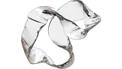 A clear flexible material twisted and looped against a plain white background in a studio setting