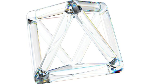A clear glass cube structure with internal triangular supports on a white background illuminated brightly