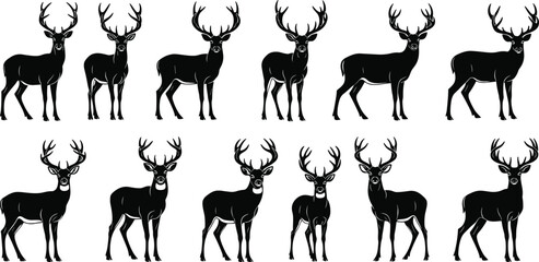 Deer silhouettes with antlers in various poses, standing wildlife, animal vector art, stag illustration, hunting concept, nature design, forest icon