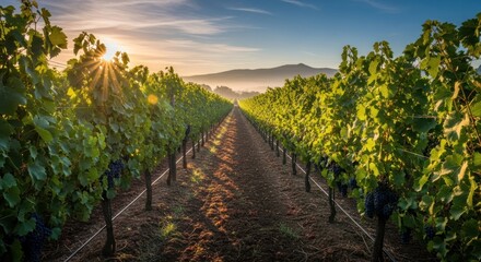 Fototapeta premium Vineyard rows converge toward sunlit hills on clear morning under pale blue sky