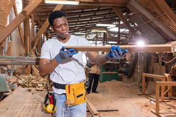Young carpenter holding wood plank in workshop