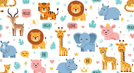 A collection of charming cartoon safari animals including a gazelle, tiger cubs, elephant, lion, rhino, hippo, giraffe, and cheetah with speech bubbles and cute accents