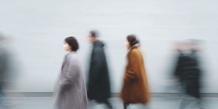 Blurry image of a group of people walking down a street
