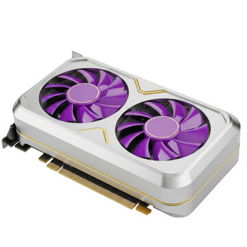 A purple and silver graphics card with two fans isolated on transparent background