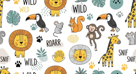 A whimsical seamless pattern featuring cute cartoon wild animals like lions, giraffes, toucans, squirrels, and mice with paw prints and jungle leaves on a white background