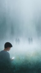 Obraz premium Boy is sitting in the grass with his phone in his hand