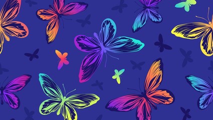 Colorful butterfly pattern on a dark blue background with varying sizes and vibrant gradient wings