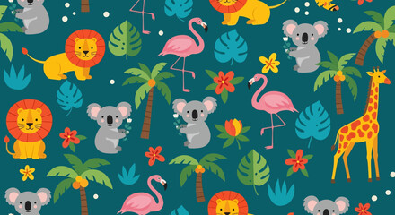 A cute seamless pattern featuring cartoon safari animals like lions, giraffes, koalas, and flamingos with palm trees and tropical leaves on a dark background. Perfect for kids' design
