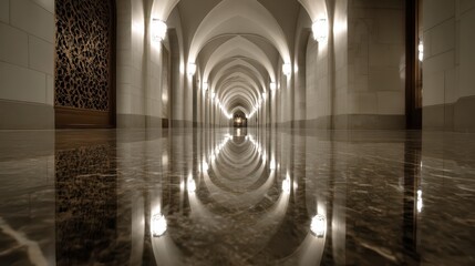 Reflective Corridor Interior Architecture, Palace, Night