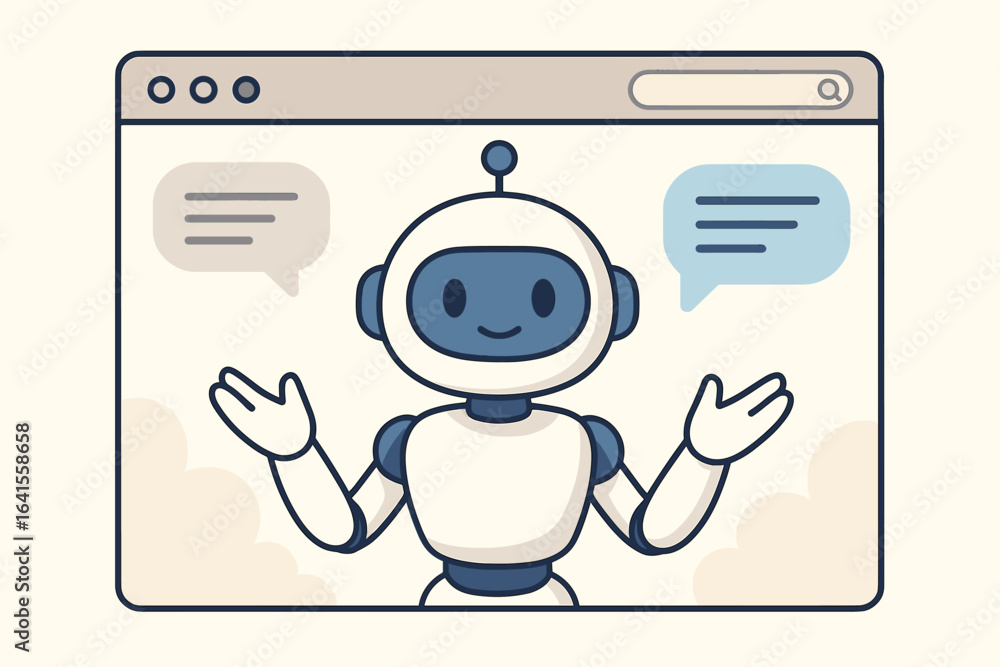 Poster artificial intelligence chatbot in web browser, online digital assistant, friendly robot talking, ai