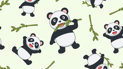 A seamless pattern featuring cartoon pandas eating bamboo and playing on a light green background design