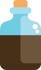 Simple, colorful vector illustration of a glass bottle containing a dark liquid and sealed with a cork stopper
