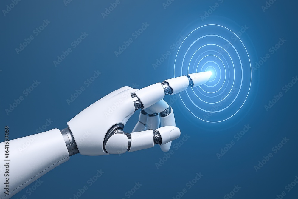Poster robot hand interacting with digital interface: futuristic technology concept on a blue background
