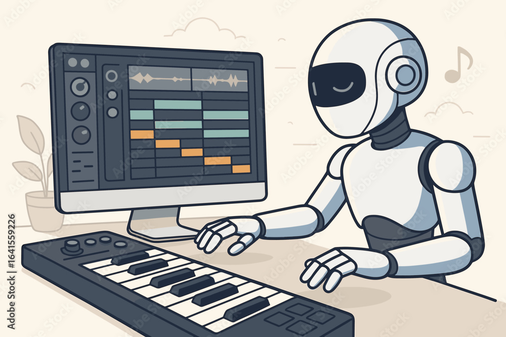 Poster artificial intelligence robot composing music with digital audio workstation, midi keyboard, and com