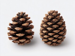 Two pine cones, light brown, oval-shaped, on a plain white background