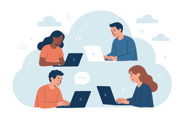 Remote teamwork cloud computing illustration. Diverse people collaborating online with laptops, digital workspace, cloud technology, online meeting, remote office, virtual team, modern workflow