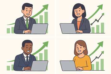 Business professionals working on laptops with rising growth charts and green arrows, diverse team, successful employees, economic improvement, upward financial trend, office teamwork illustration