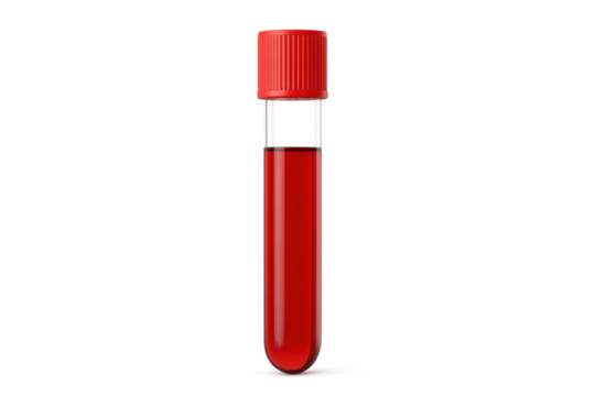 Transparent test tube containing red liquid on transparent background