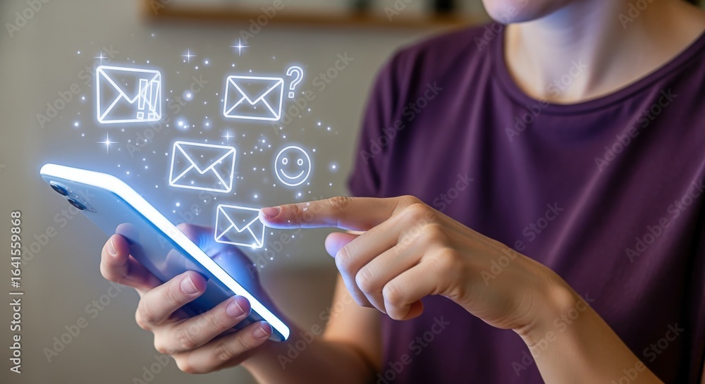 Poster person using smartphone with digital mail icons for communication and connectivity applications