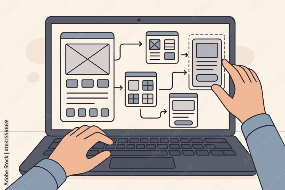 Aufkleber ux ui design wireframing and prototyping, hands on laptop creating website or app interface, workflo
