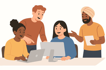 Casual teamwork vector illustration with diverse group of people collaborating at computers, flat design, modern workplace, business cooperation, office teamwork concept on white background