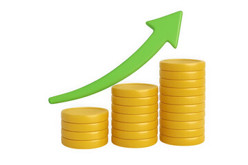 Green upward arrow graph with stacks of gold coins representing financial growth and success isolated on transparent background