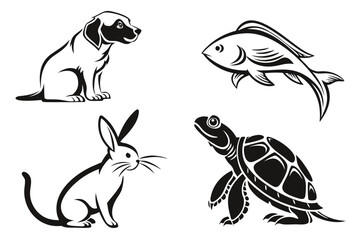 Collection of animals dog, fish, rabbit, and turtle isolated