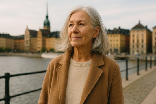 Elderly woman enjoying cityscape view.