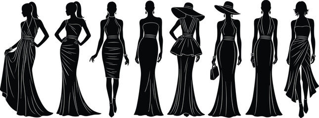 Silhouettes of elegant women in dresses, fashion styles, evening gowns, stylish outfits, accessories, hats, handbags, feminine elegance, couture