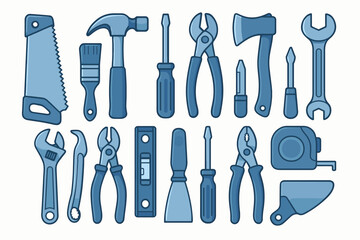 Hand tools set vector illustration. Construction and DIY equipment collection. Saw, hammer, screwdriver, wrench, pliers, axe, paintbrush, measuring tape, industrial hardware, flat blue color icons