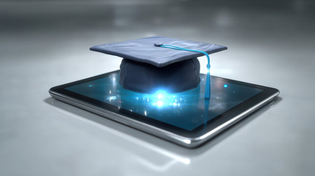 Graduation cap on digital tablet with glowing light effect