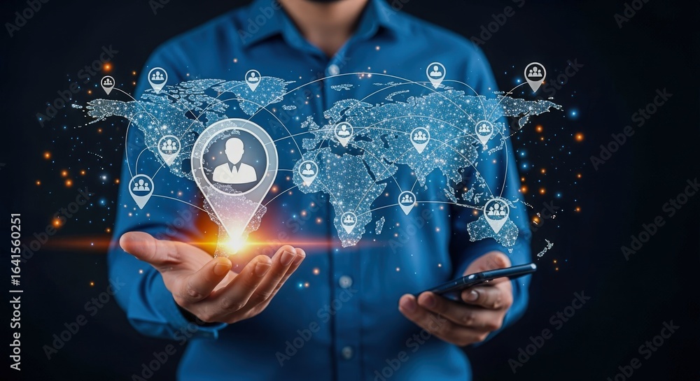 Aufkleber global business network concept: man holding digital world map with connection pointers and network 