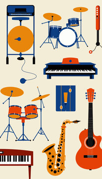 Musical instruments illustration with colorful designs and variation  