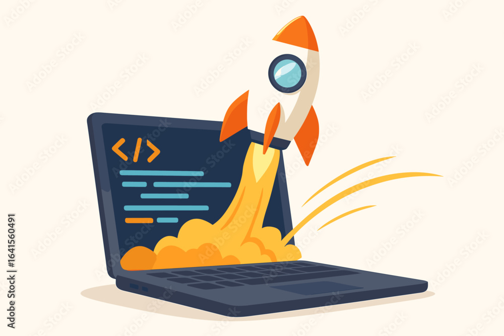 Poster rapid software development concept. rocket launching from laptop with code, symbolizing fast website
