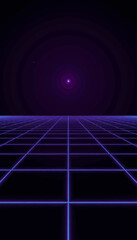 Neon grid landscape with purple background in retro style  