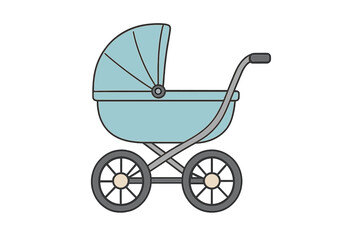 Baby stroller pram vector illustration, classic retro carriage with canopy and handle, newborn infant transport icon, isolated blue buggy, baby pushchair, vintage perambulator, baby carriage side view