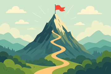 Success Journey Metaphor. Mountain Peak with Red Flag and Winding Trail. Achievement, Business Challenge, Goal Setting, Career Milestone, Ambition, Perseverance, Landscape, Inspiration, Motivation.