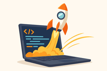 Rapid software development concept. Rocket launching from laptop with code, symbolizing fast website deployment, programming innovation, startup success, agile technology, vector cartoon illustration