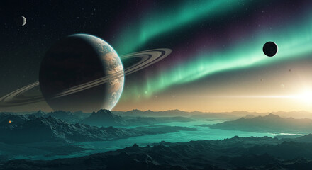 Photorealistic Alien Planet with Rings and Moons