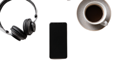 Flat Lay of Modern Smartphone with Headphones and Coffee on Transparent Background