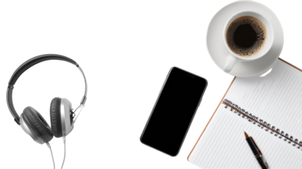 Flat Lay of Modern Smartphone with Headphones and Coffee on Transparent Background