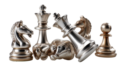 Chess Pieces: A strategic composition of metallic chess pieces lies scattered, with the king lying on his side, evoking a sense of defeat or the final stage of a complex game.