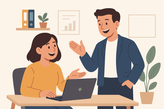 Professional teamwork discussion, colleagues exchanging ideas in modern office workspace, flat cartoon vector illustration, business communication, laptop meeting, corporate teamwork collaboration