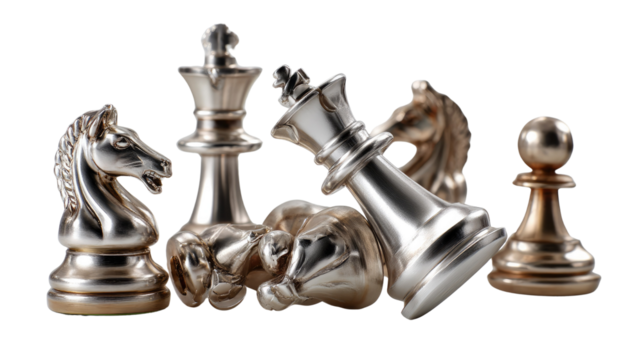 Chess Pieces: A strategic composition of metallic chess pieces lies scattered, with the king lying on his side, evoking a sense of defeat or the final stage of a complex game.