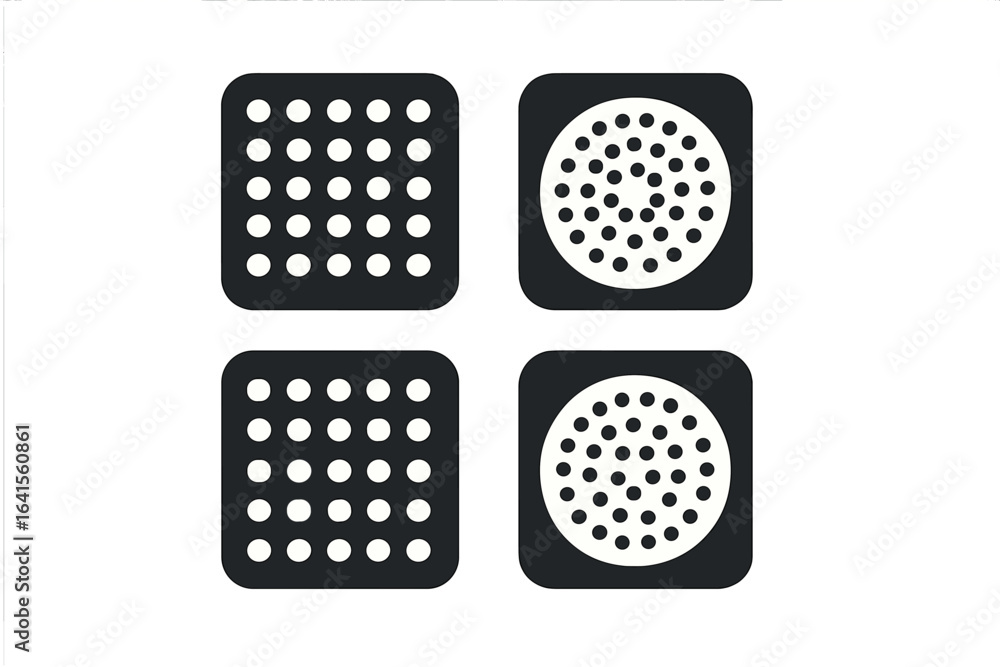 Poster black and white graphic design featuring various circular dot patterns displayed in a four-square ar