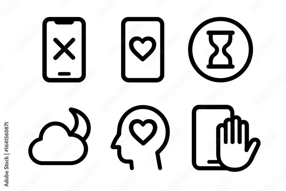Poster symbols representing various emotions and actions related to digital interactions and relationships