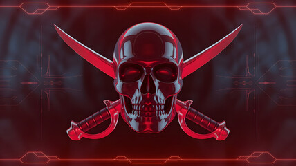 A metallic red skull and cross swords, a symbol of danger, cyber threats, or a digital security risk and warning against online piracy.