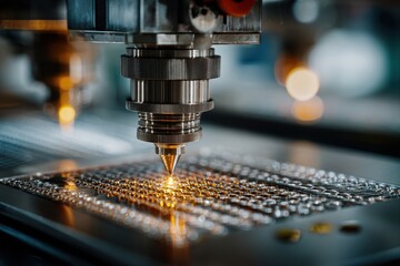 A close-up shot of a laser cutting machine precisely engraving a metal sheet, showcasing the intricate details and advanced technology involved in manufacturing processes.
