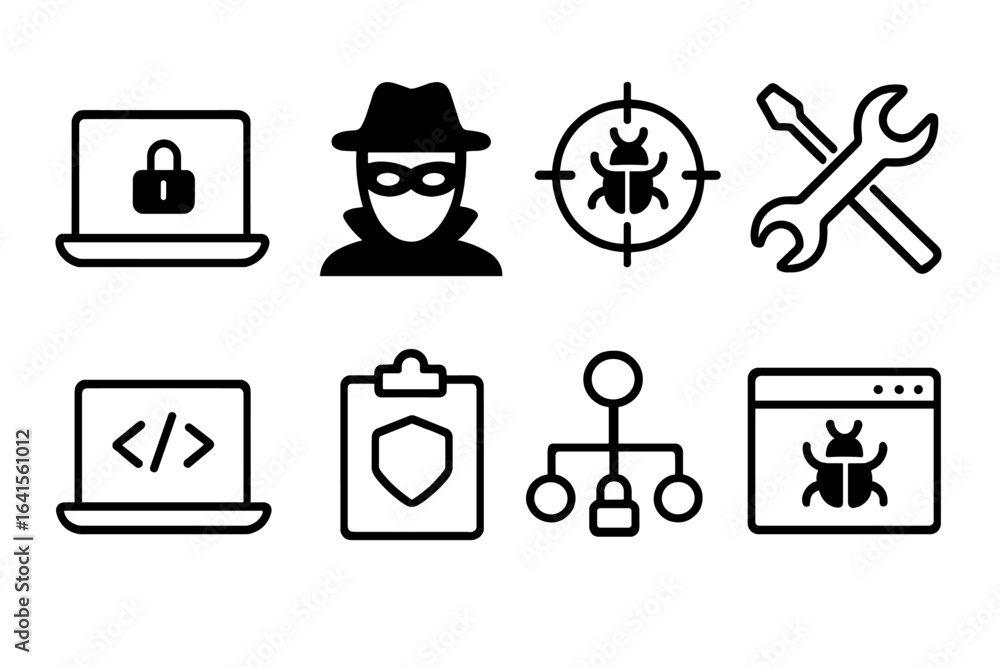 Poster cybersecurity concepts illustrated through simple icons depicting hackers, tools, and secure systems