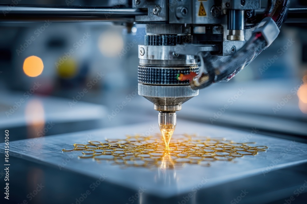 Poster precision 3d printing of intricate honeycomb structures with advanced technology, showcasing modern 